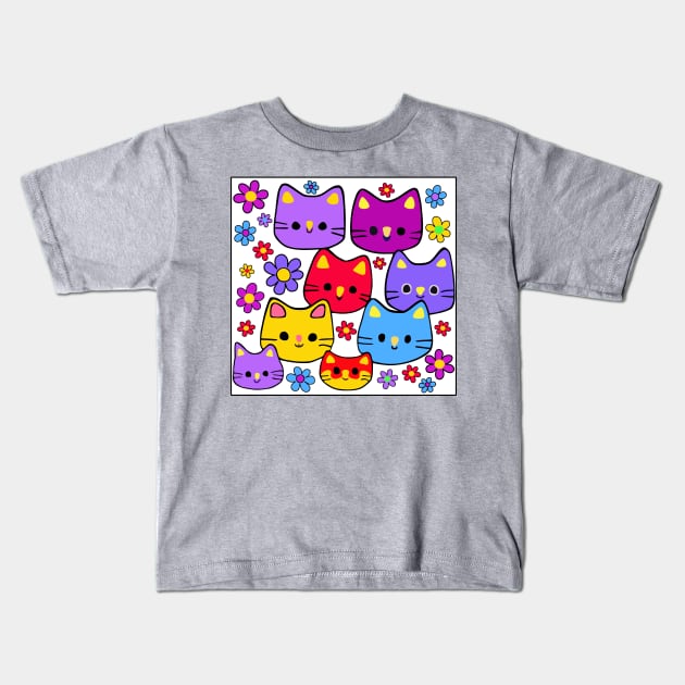 Colorful Cats and Flowers Kids T-Shirt by loeye